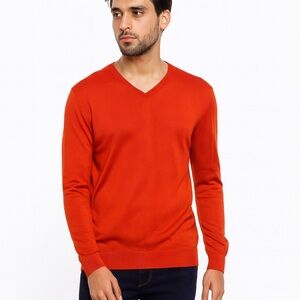 COS men’s wool silk orange v neck sweater size large FLAWED lightweight slim fit